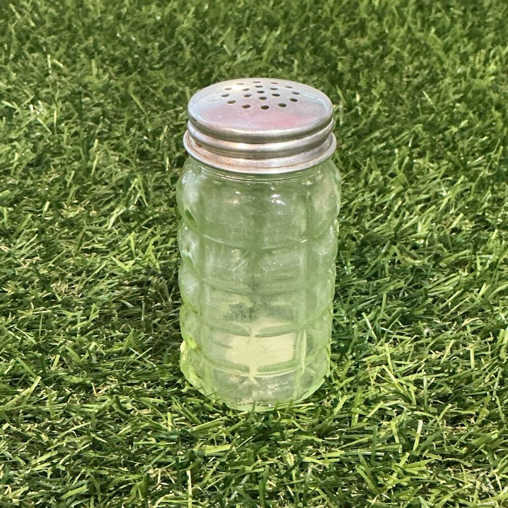 Vintage Uranium Glass Salt Pepper Shaker Green Block Pattern Metal Lid UV Glow